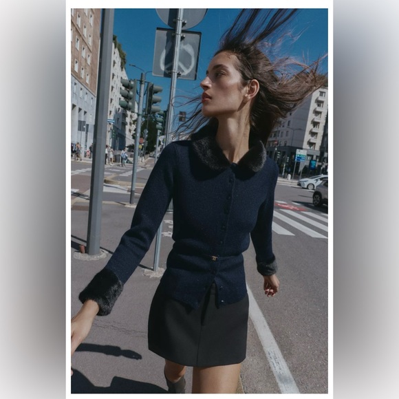 ZARA NWT Faux Fur Trim Combination Cardigan - Picture 12 of 14